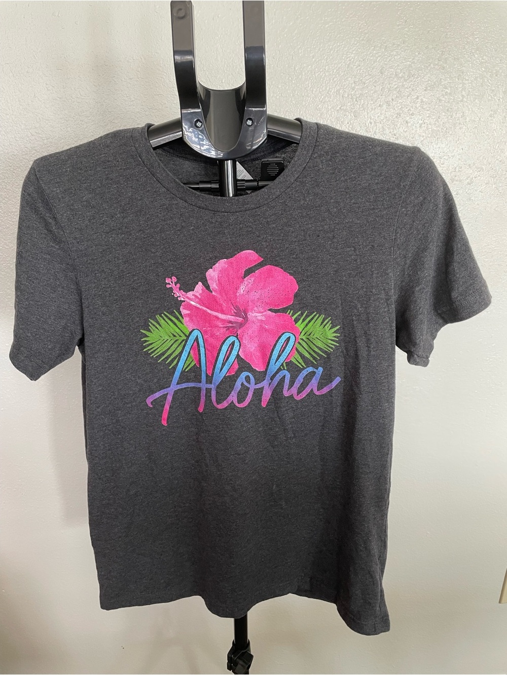 Charcoal Tee with Pink Hibiscus & Green Leaves